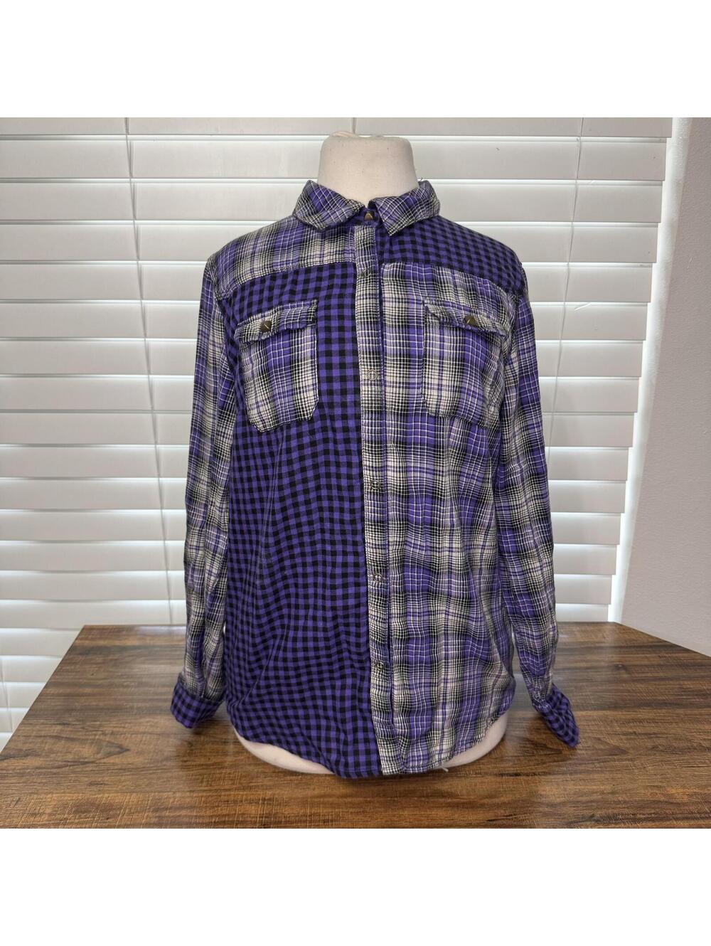 I Heart Ronson Medium Purple and Black Plaid Button-Up Shirt